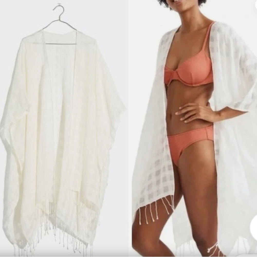 Madewell Beach Cape Linen Cotton Fringe Gauze Oversized Scarf Cover Up White